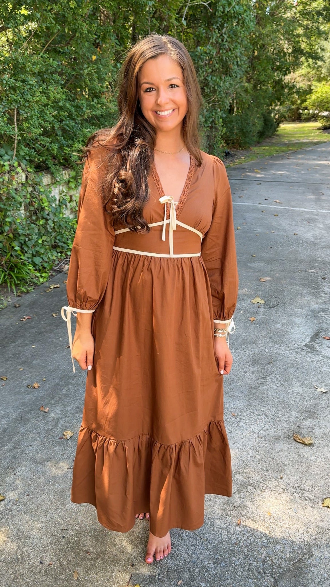orange brown rust midi dress with ivory cream details