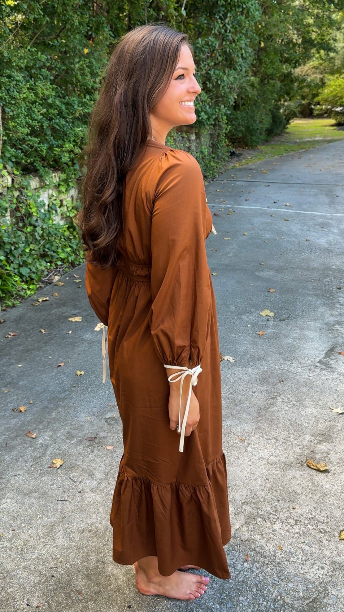 side view orange brown rust midi dress with ivory cream details