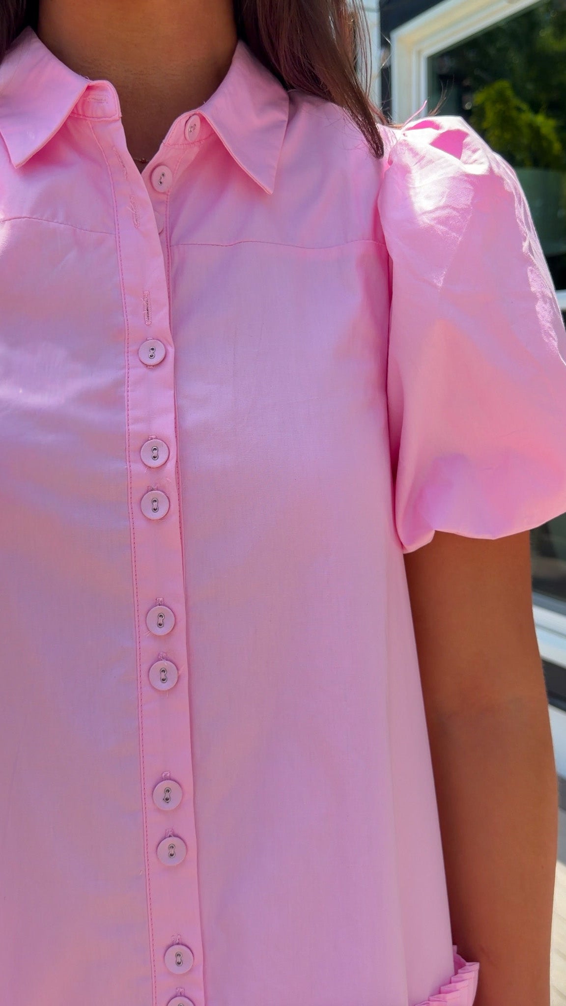 pink poplin mini dress button down front puff sleeves