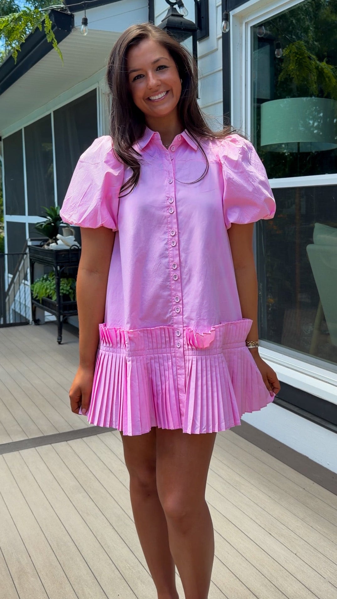 pink poplin mini dress button down front puff sleeves
