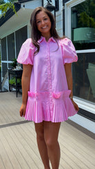 pink poplin mini dress button down front puff sleeves