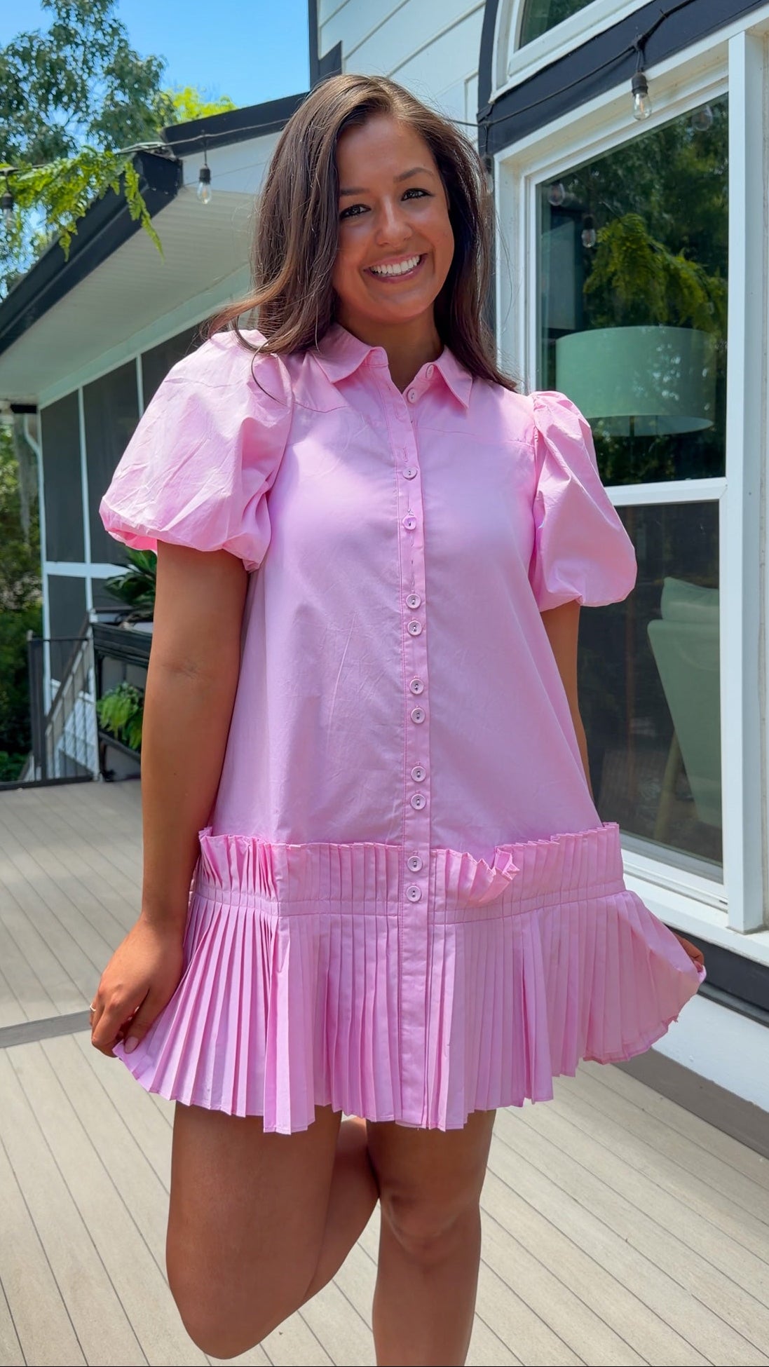 pink poplin mini dress button down front puff sleeves