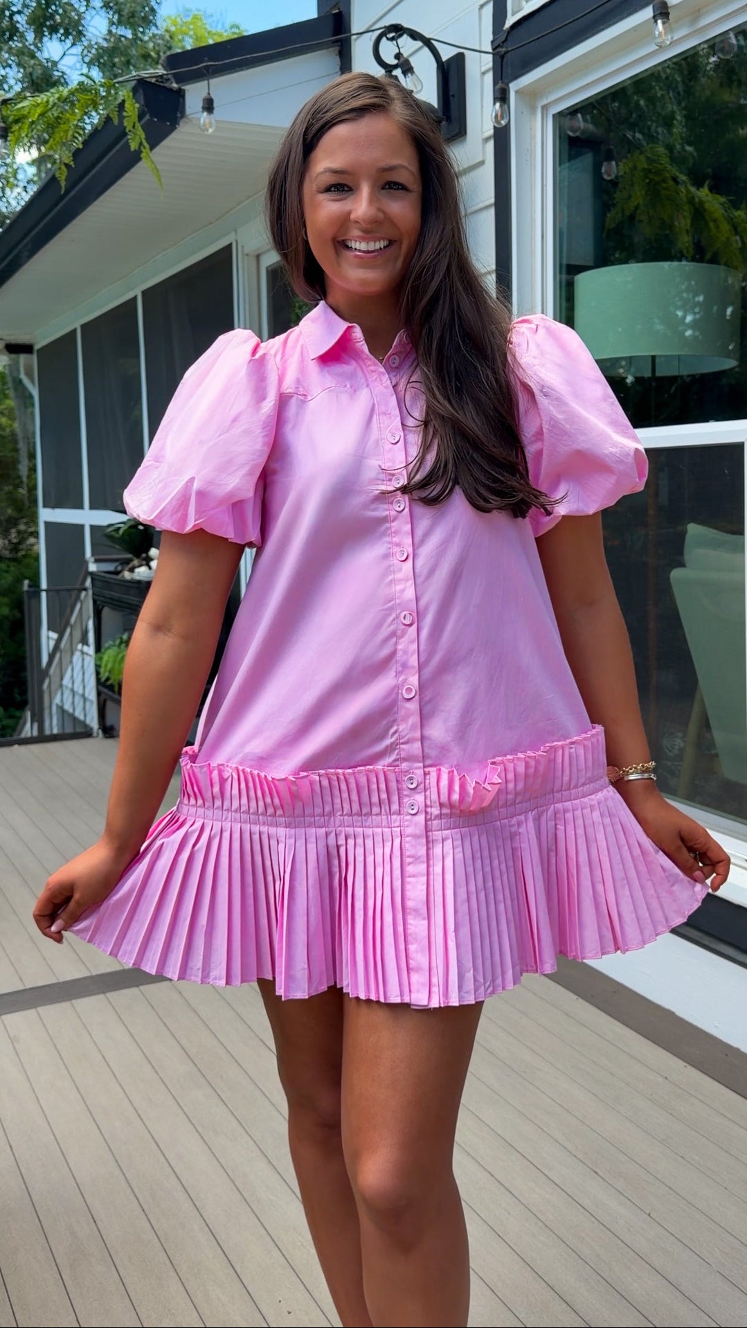 pink poplin mini dress button down front puff sleeves
