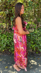 side view burgundy floral fall dress with spaghetti straps and ruffle top
