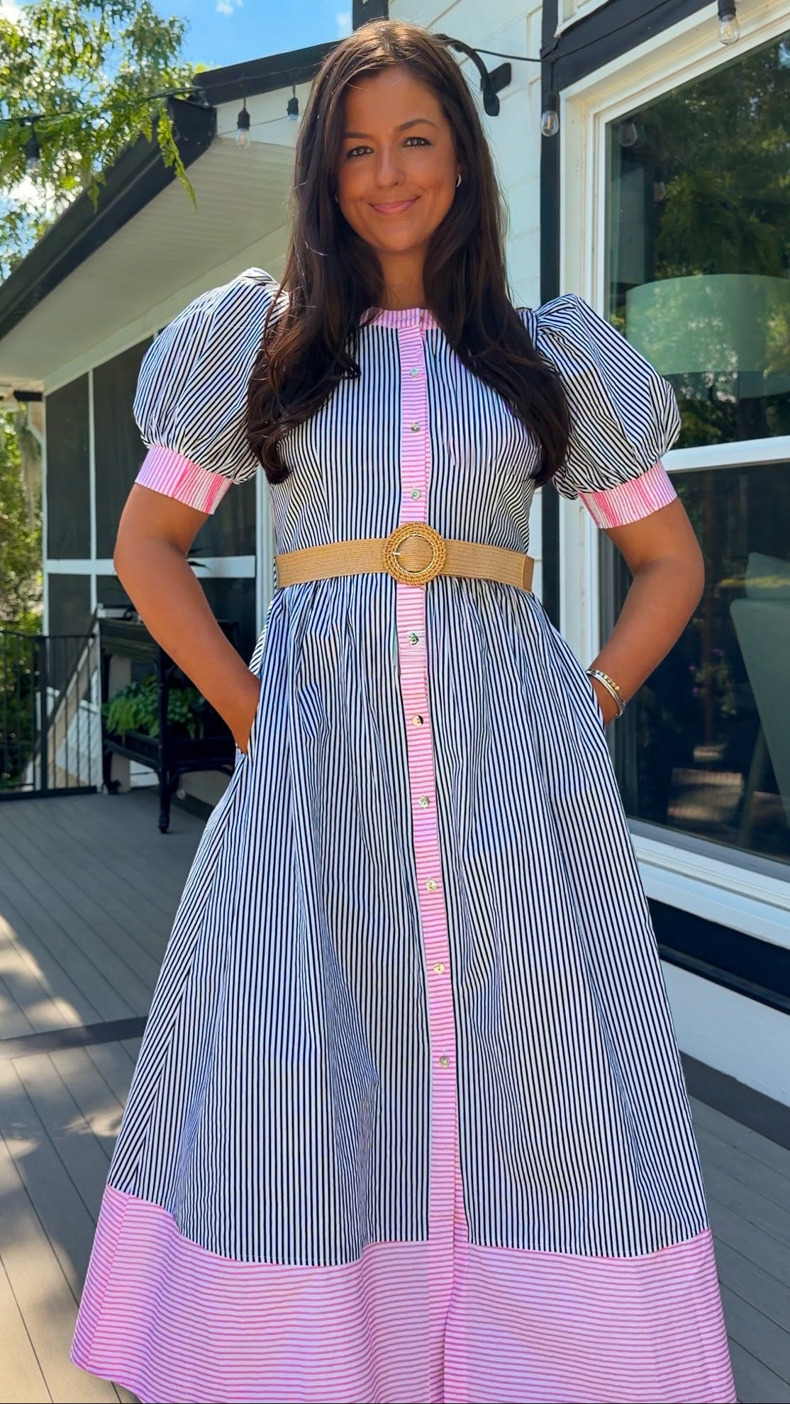 navy and pink stripe women's midi dress with belt and puff sleeves