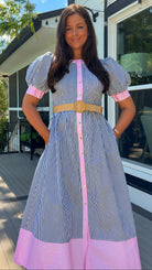 navy and pink stripe women's midi dress with belt and puff sleeves