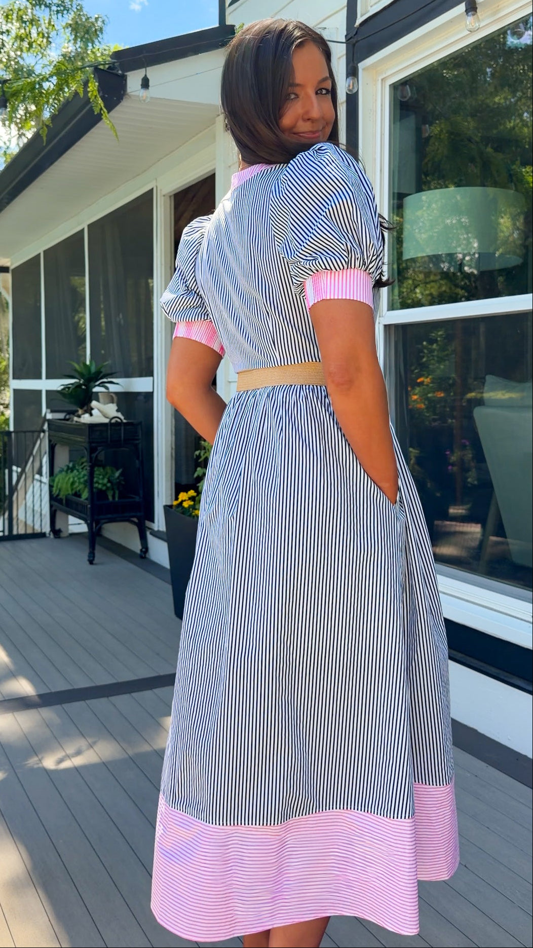 navy and pink stripe women's midi dress with belt and puff sleeves