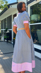 navy and pink stripe women's midi dress with belt and puff sleeves
