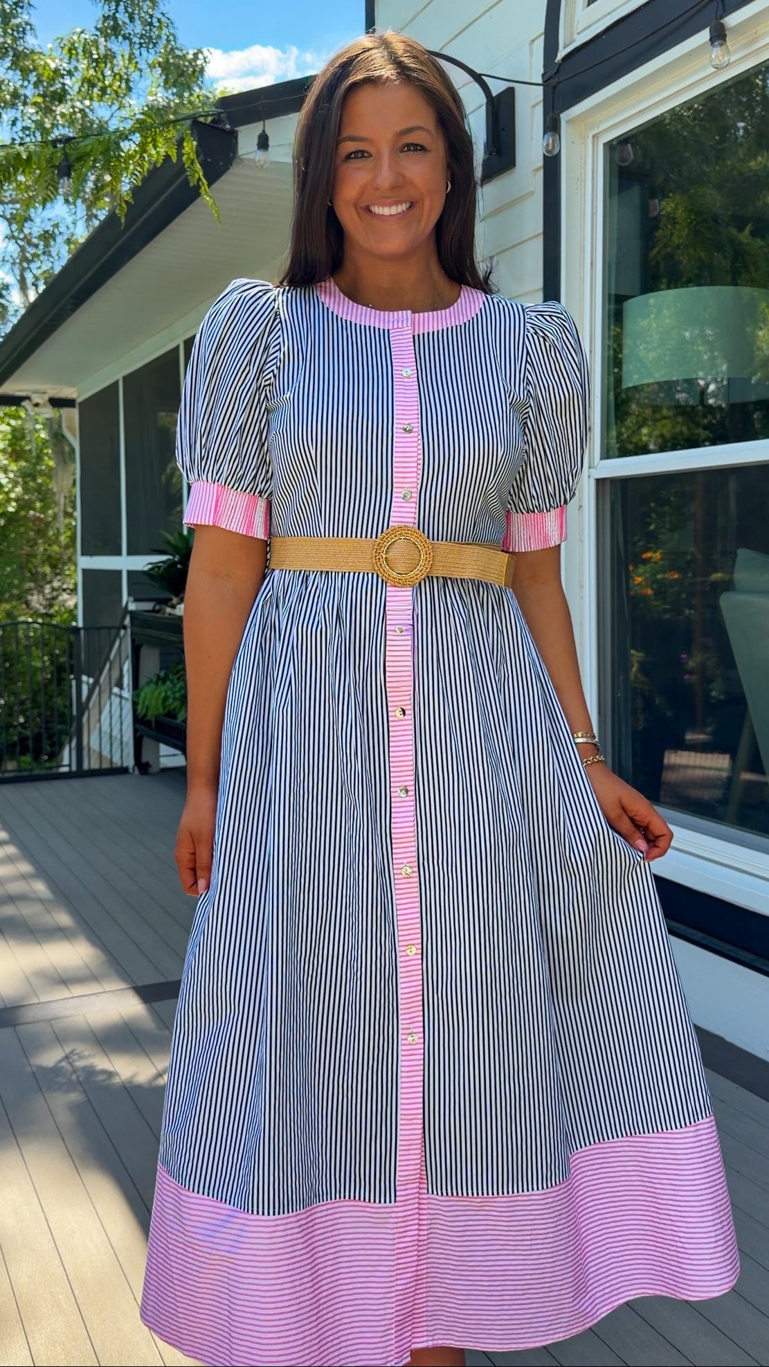 navy and pink stripe women's midi dress with belt and puff sleeves