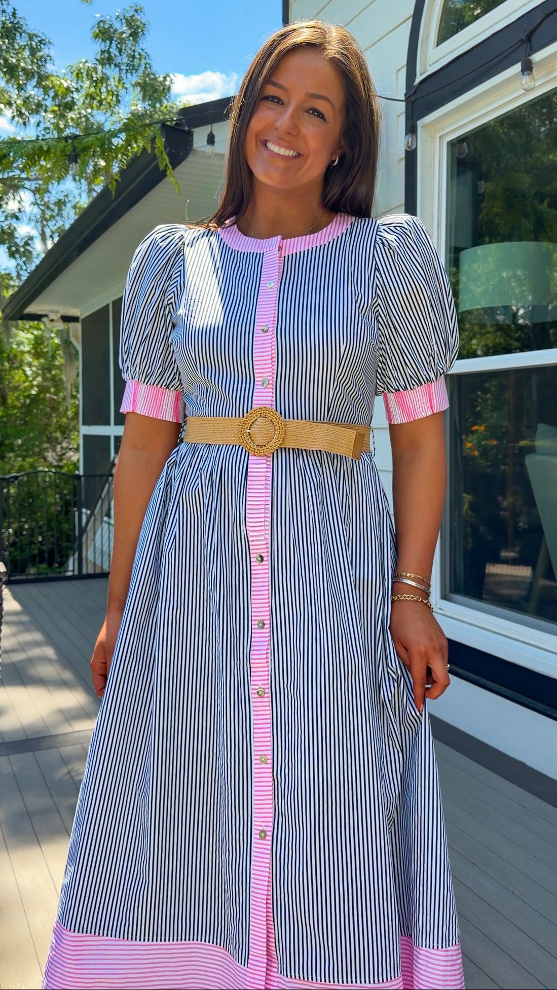 navy and pink stripe women's midi dress with belt and puff sleeves