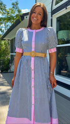 navy and pink stripe women's midi dress with belt and puff sleeves