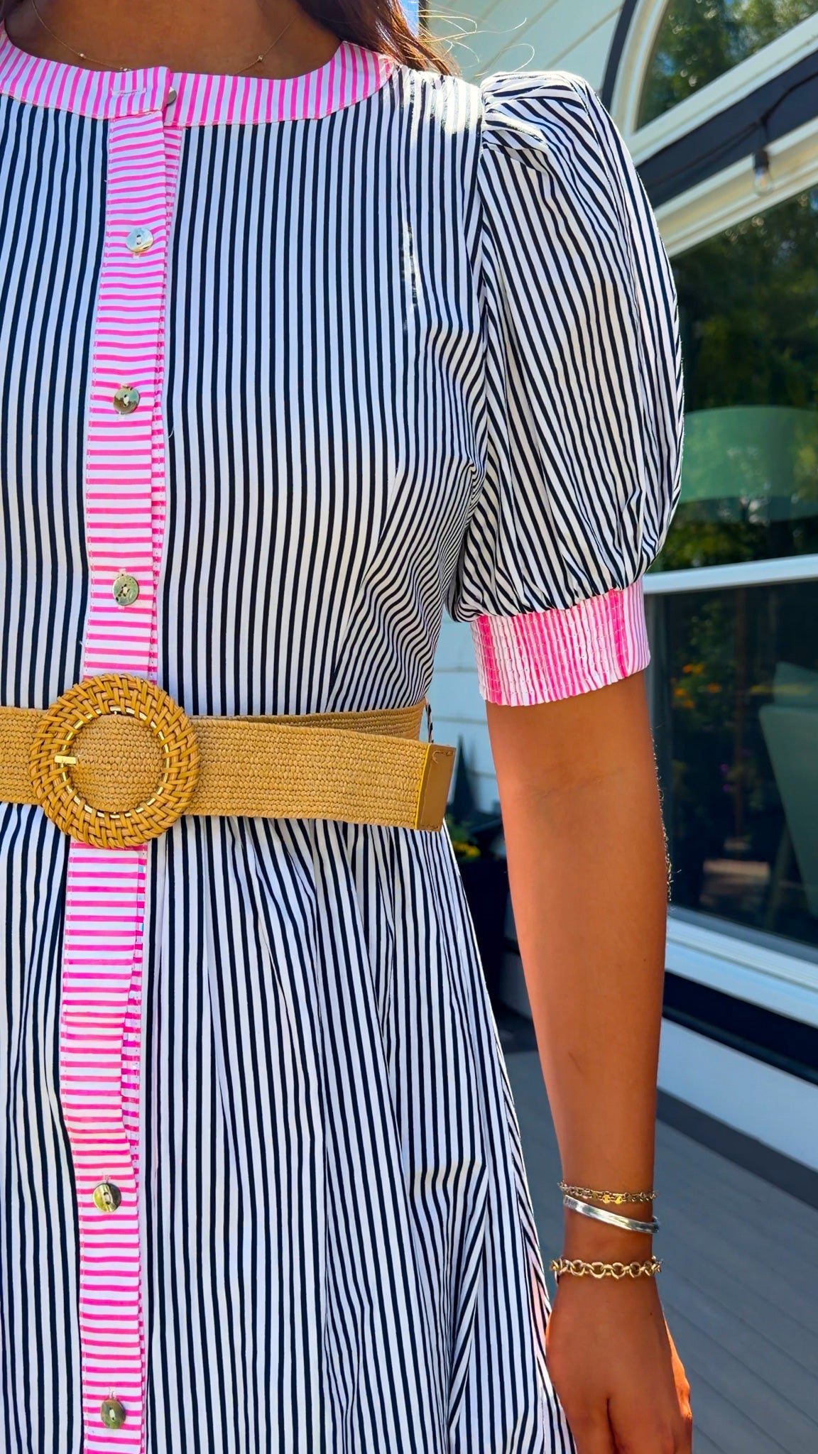 navy and pink stripe women's midi dress with belt and puff sleeves