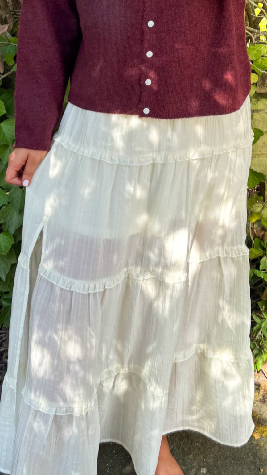 maroon sweater and ivory cream ruffle maxi skirt zoom view