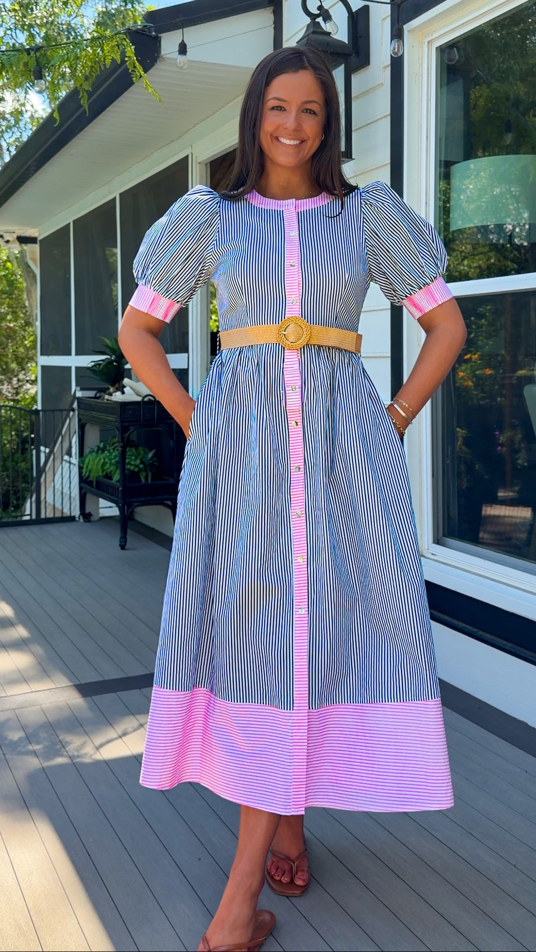 navy and pink stripe women's midi dress with belt and puff sleeves