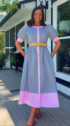 navy and pink stripe women's midi dress with belt and puff sleeves
