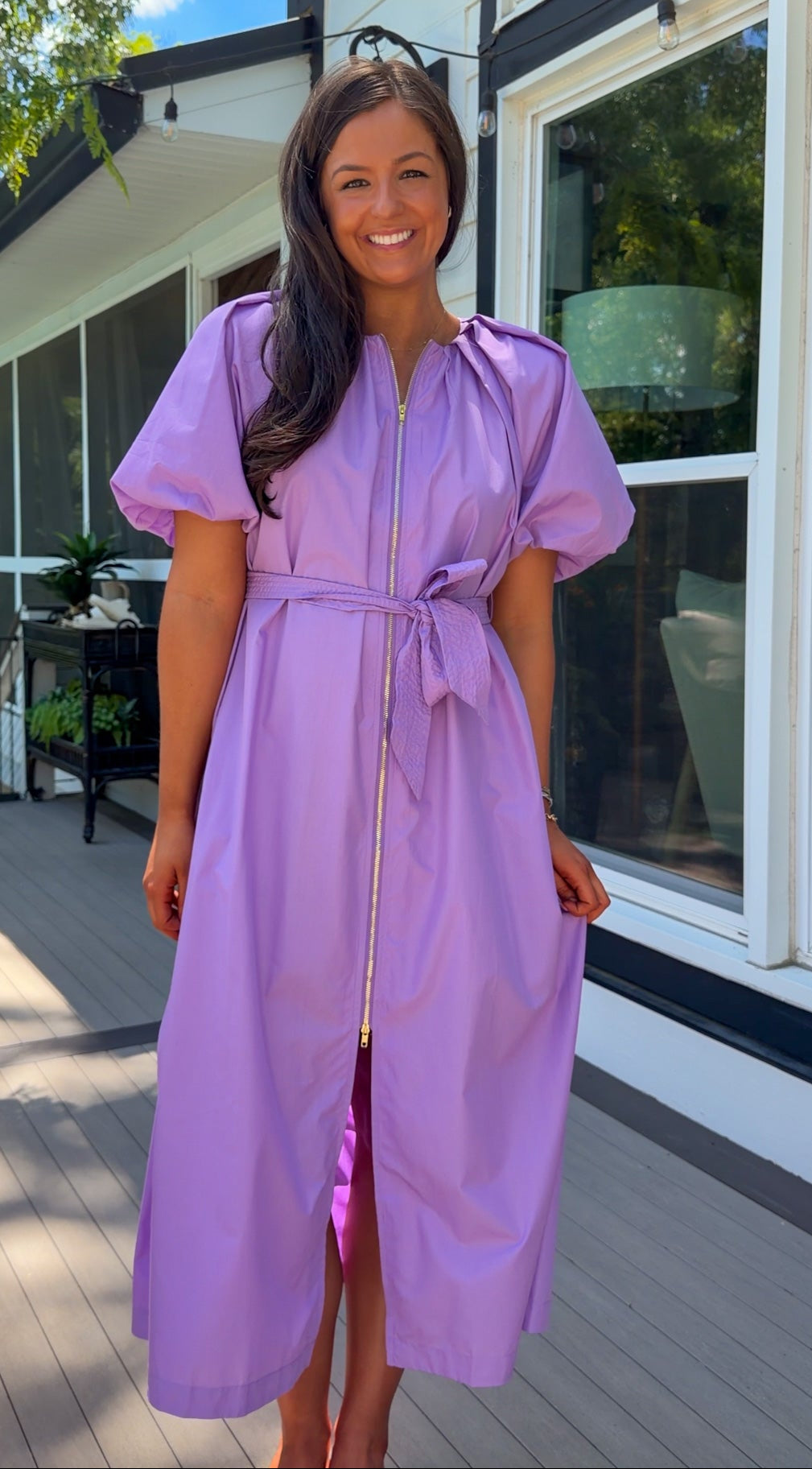 women's midi dress purple dress zipper closure puff sleeves belt