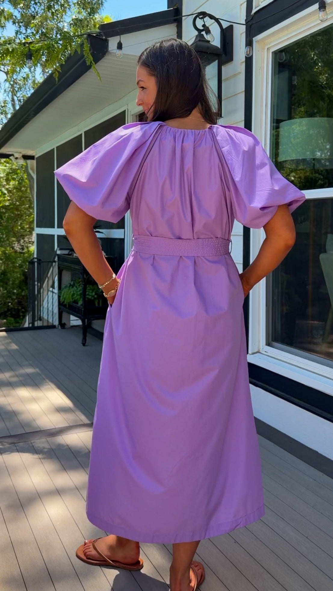 women's midi dress purple dress zipper closure puff sleeves belt