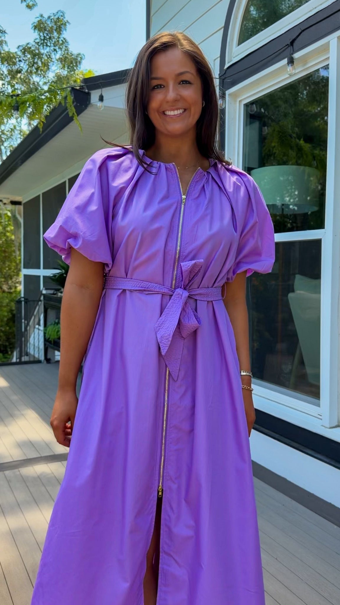 women's midi dress purple dress zipper closure puff sleeves belt