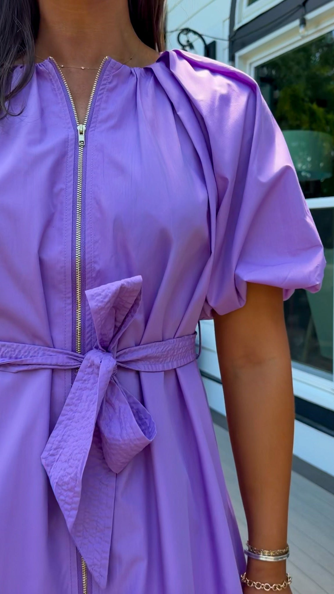 women's midi dress purple dress zipper closure puff sleeves belt
