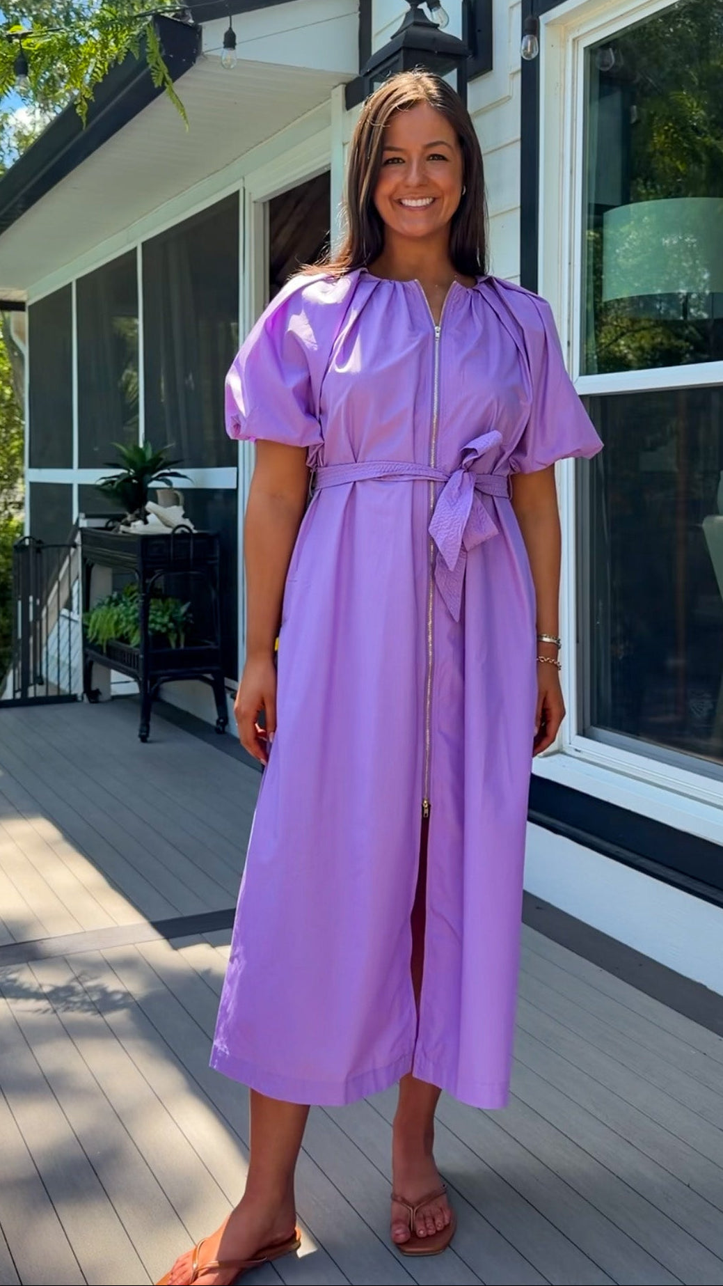 women's midi dress purple dress zipper closure puff sleeves belt
