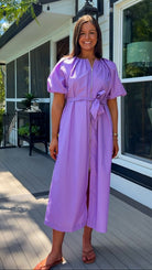 women's midi dress purple dress zipper closure puff sleeves belt