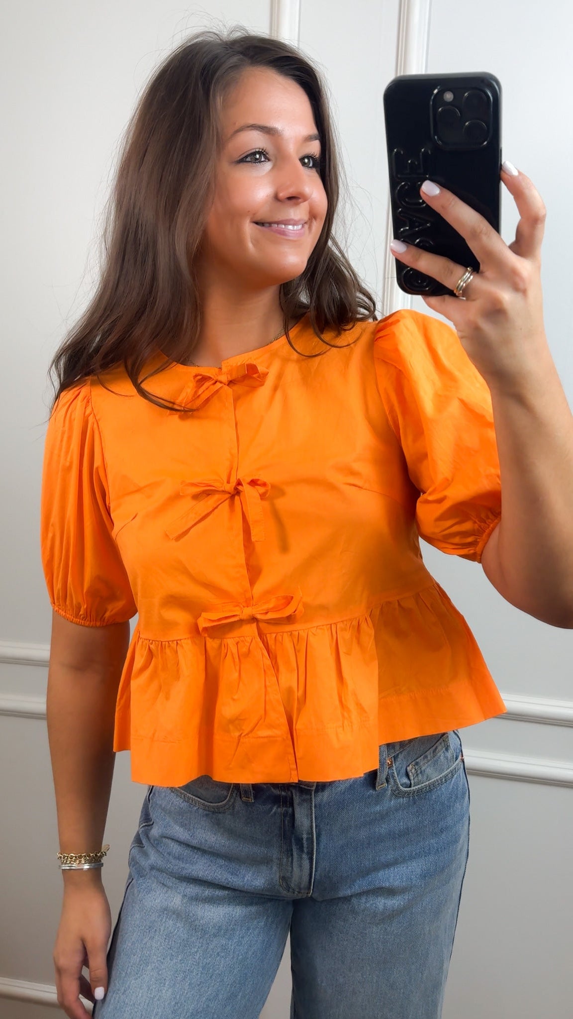 orange tie top blouse with puff sleeves medium view