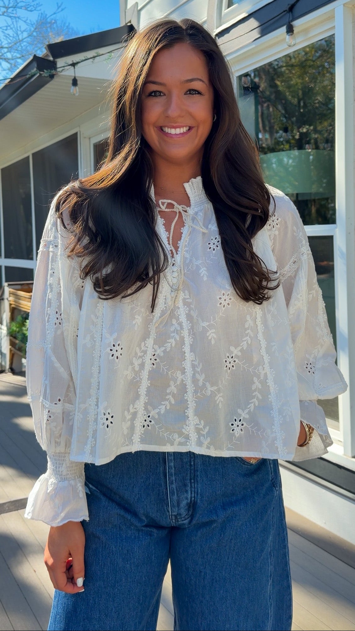 womens long sleeve white blouse lace eyelet detail trim shirt