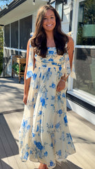 women's floral blue cream midi dress with smocked detailing and tie straps flowy