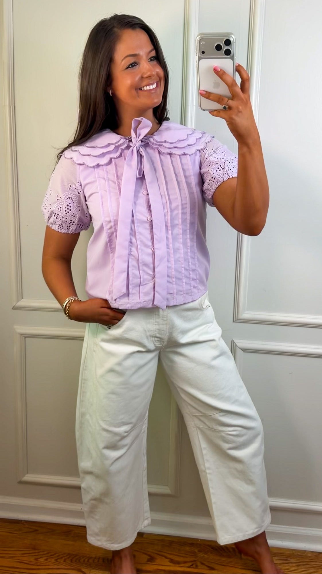 lilac top with eyelet puff sleeves and oversized collar button down closure