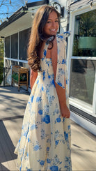 women's floral blue cream midi dress with smocked detailing and tie straps flowy