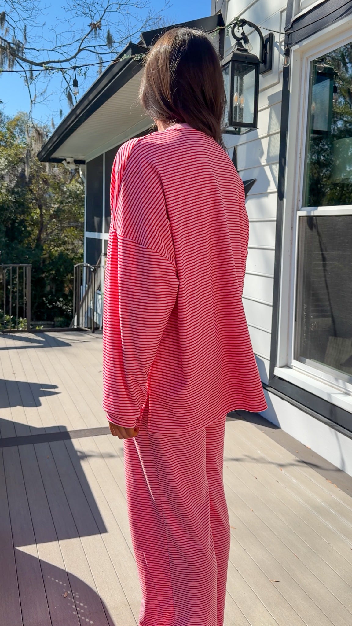 red and pink stripe lounge set soft long sleeve and pants