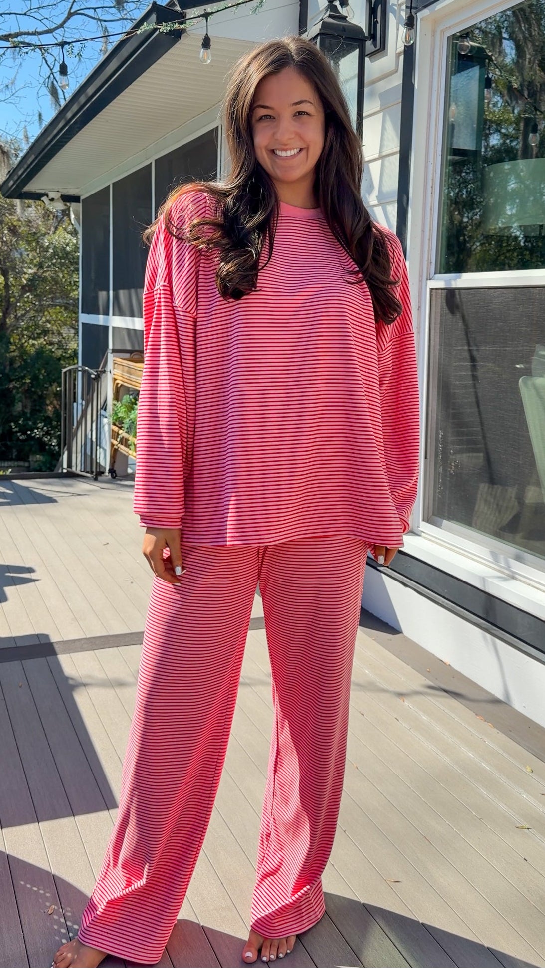 red and pink stripe lounge set soft long sleeve and pants