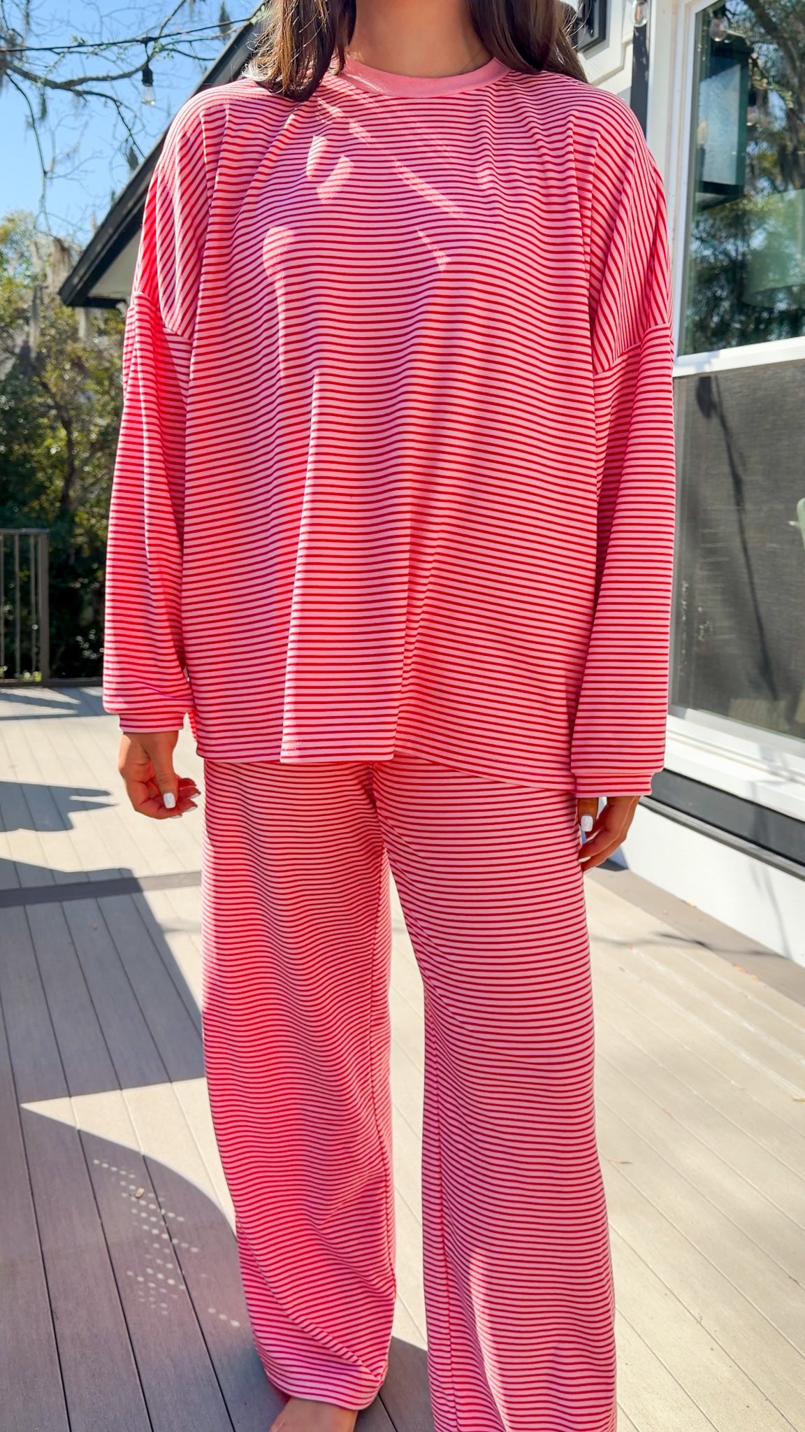 red and pink stripe lounge set soft long sleeve and pants