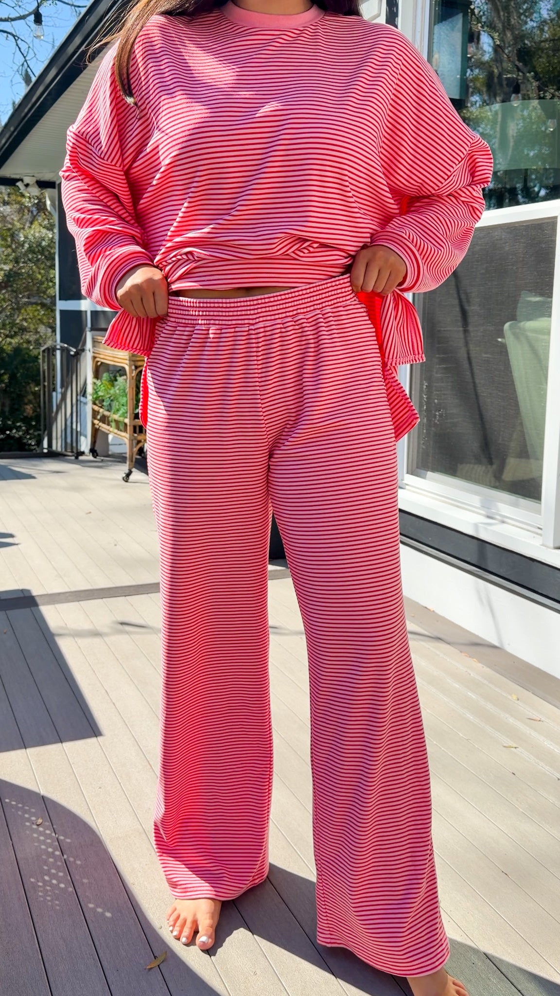 red and pink stripe lounge set soft long sleeve and pants