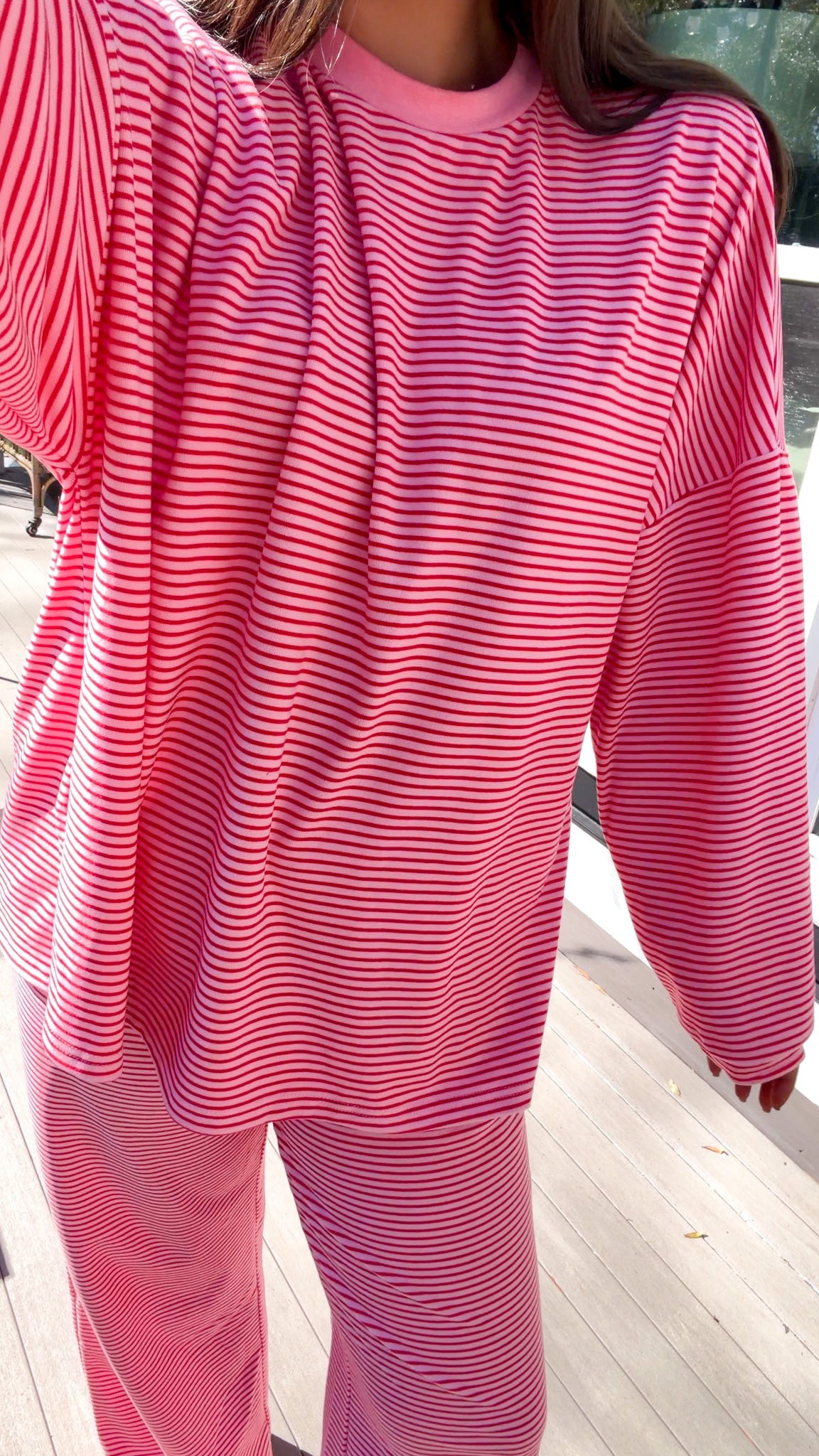 red and pink stripe lounge set soft long sleeve and pants