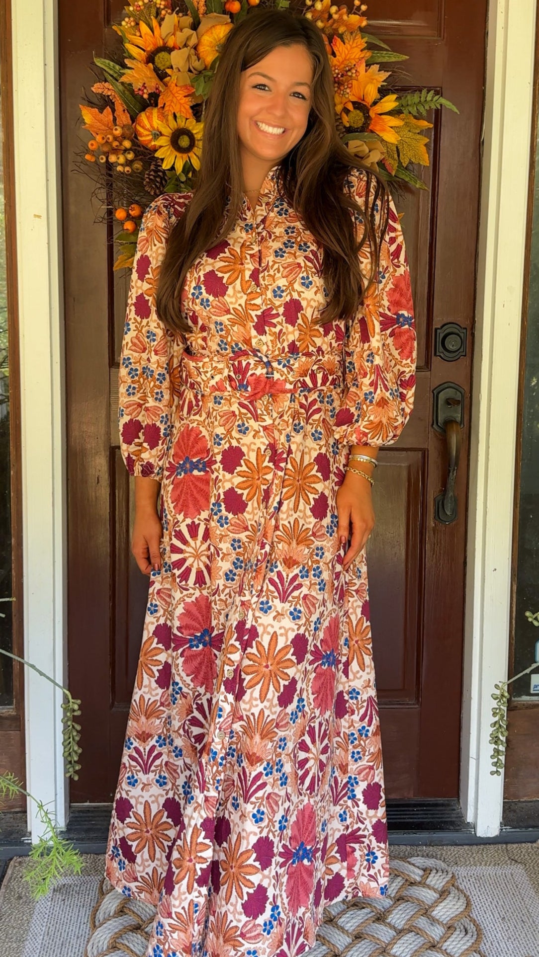 Magnolia Floral Collared Button-Down Maxi Dress with Belted Waist & Long Sleeves