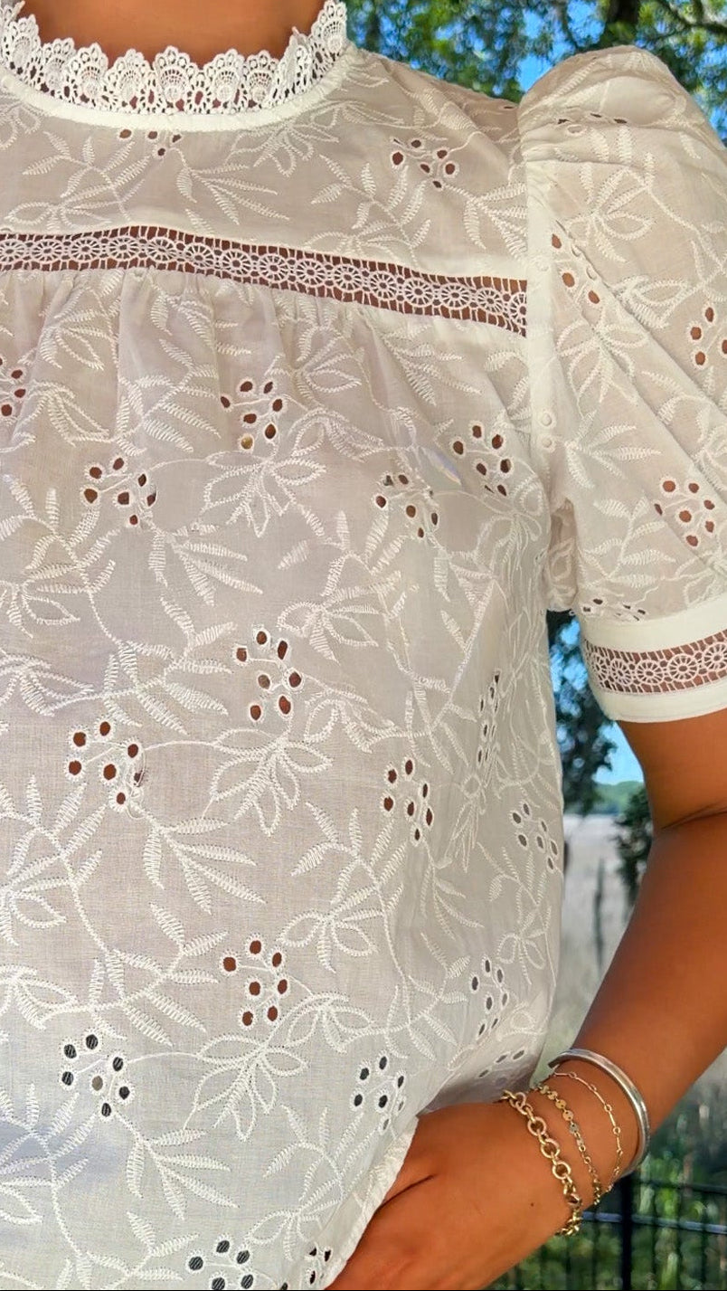 Person wearing a white lace blouse with short sleeves and blue jeans outdoors.