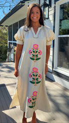 oatmeal striped midi dress with pink floral embroidery and puff sleeves