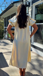 oatmeal striped midi dress with pink floral embroidery and puff sleeves