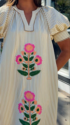 oatmeal striped midi dress with pink floral embroidery and puff sleeves