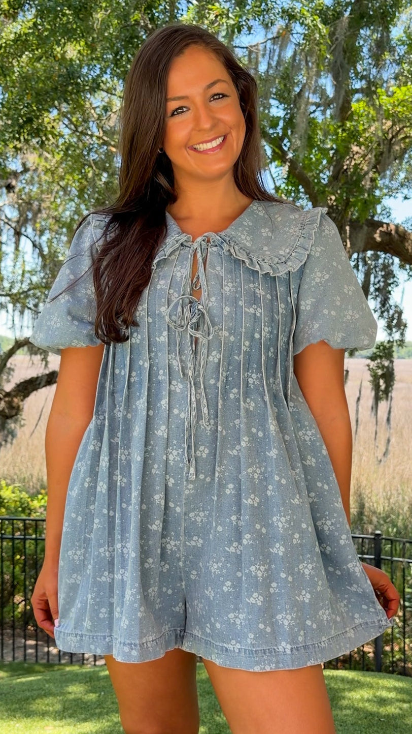 denim floral romper women's