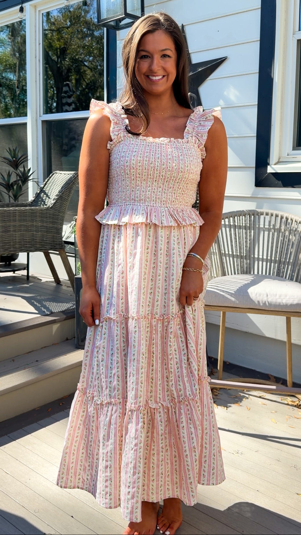 pink floral tiered maxi dress with smocked bodice and ruffle straps