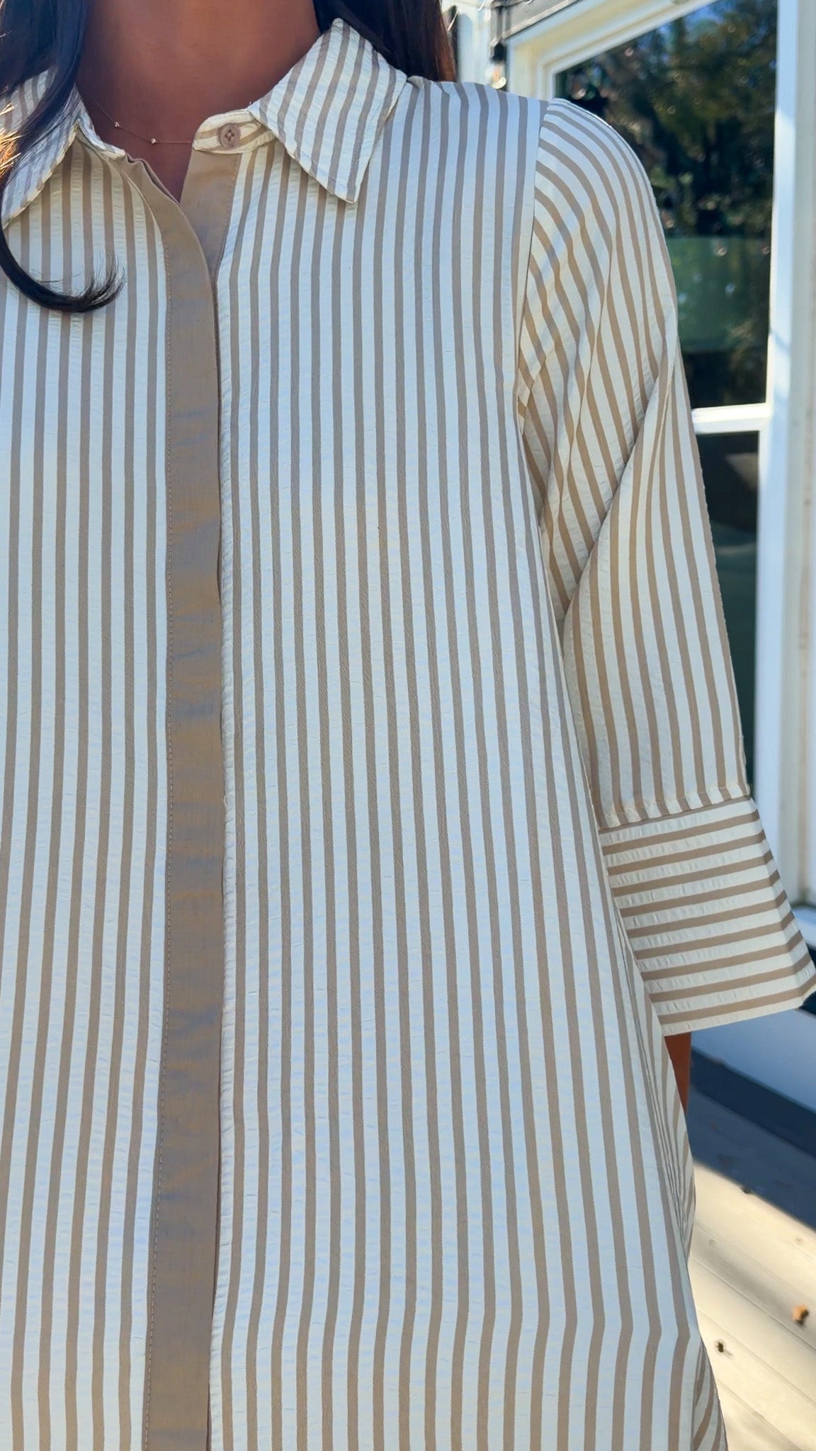 sand striped oversized shirt midi dress with collar and button front