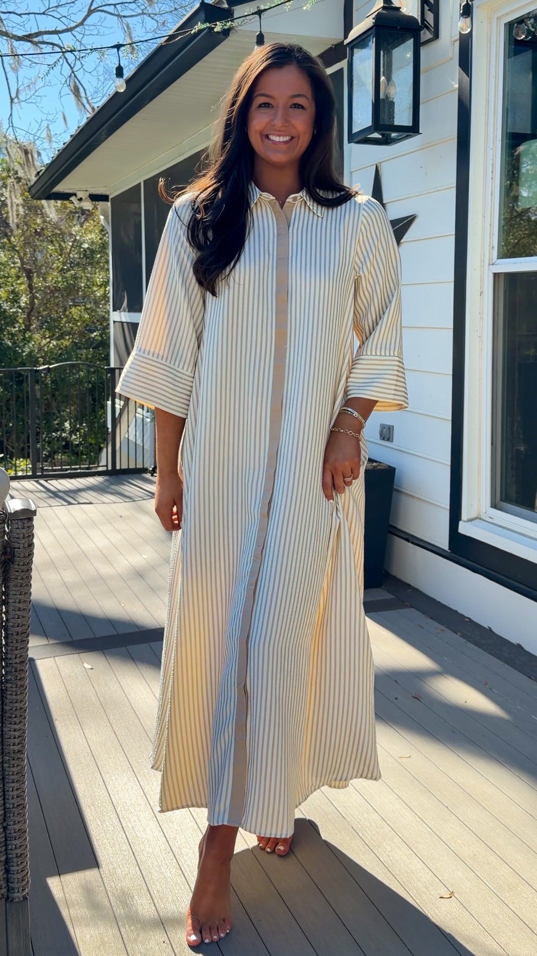 sand striped oversized shirt midi dress with collar and button front