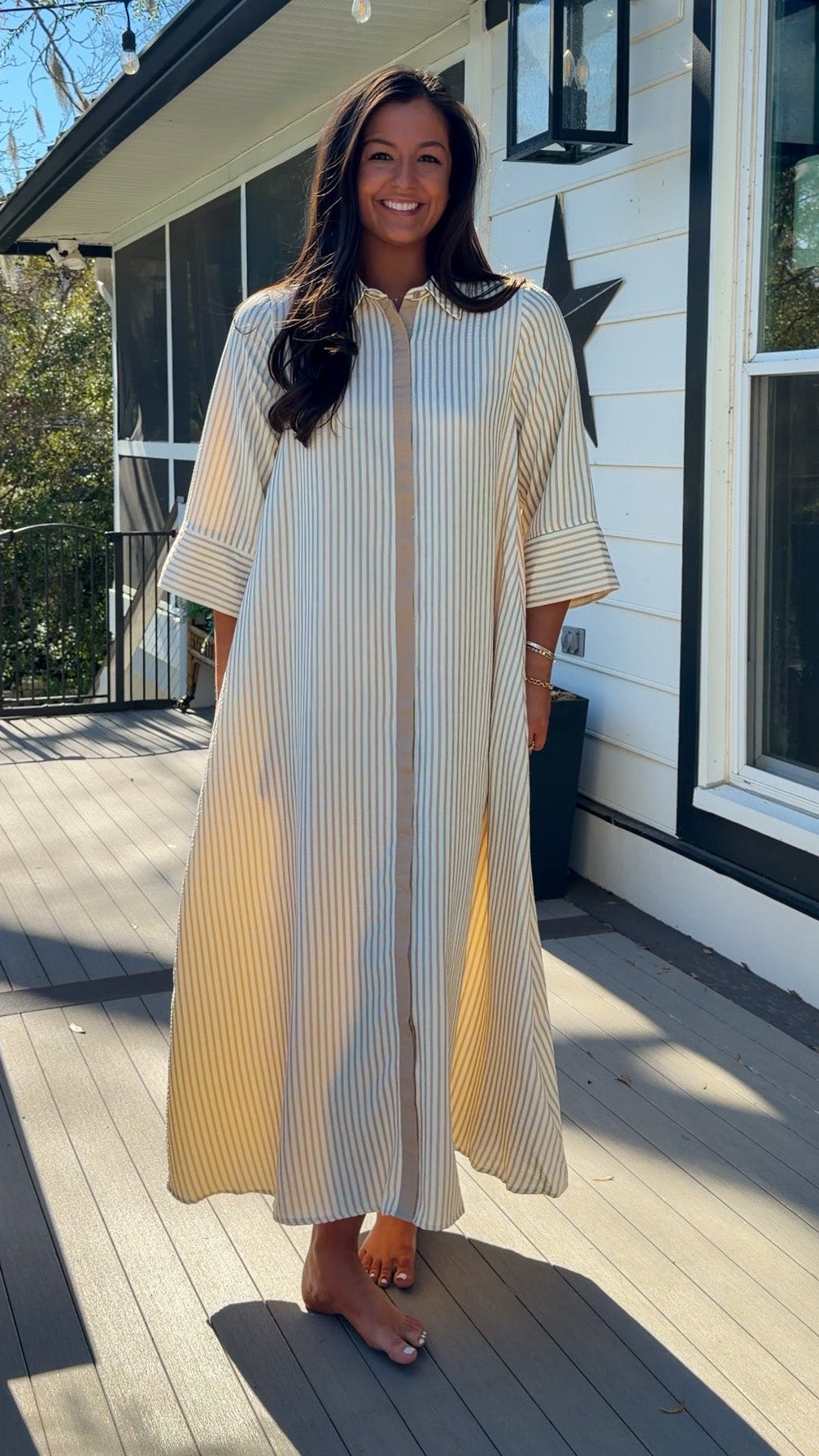 sand striped oversized shirt midi dress with collar and button front