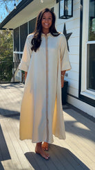 sand striped oversized shirt midi dress with collar and button front