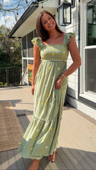 sage green floral embroidered smocked midi dress with ruffle straps and tiered skirt