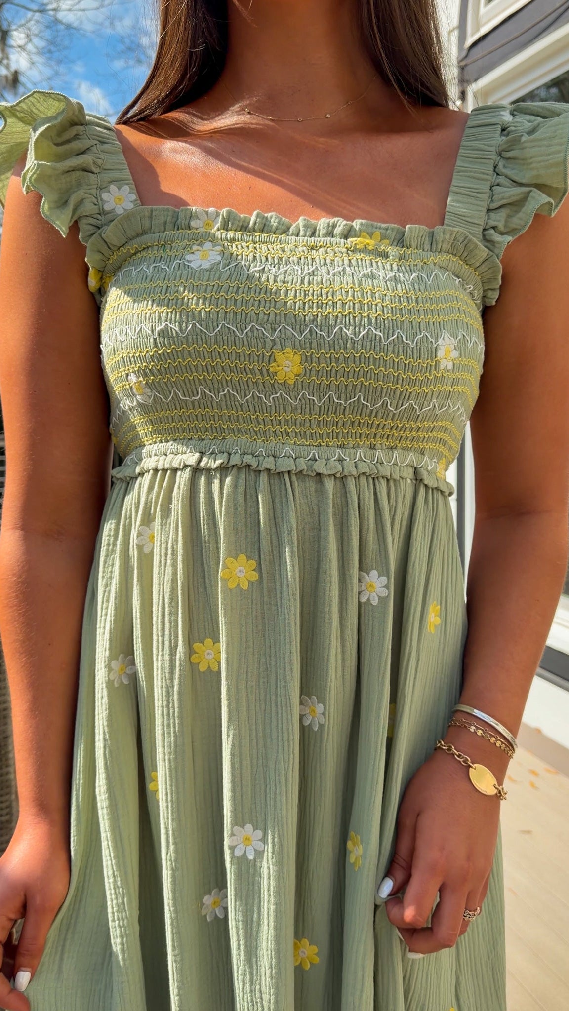 sage green floral embroidered smocked midi dress with ruffle straps and tiered skirt