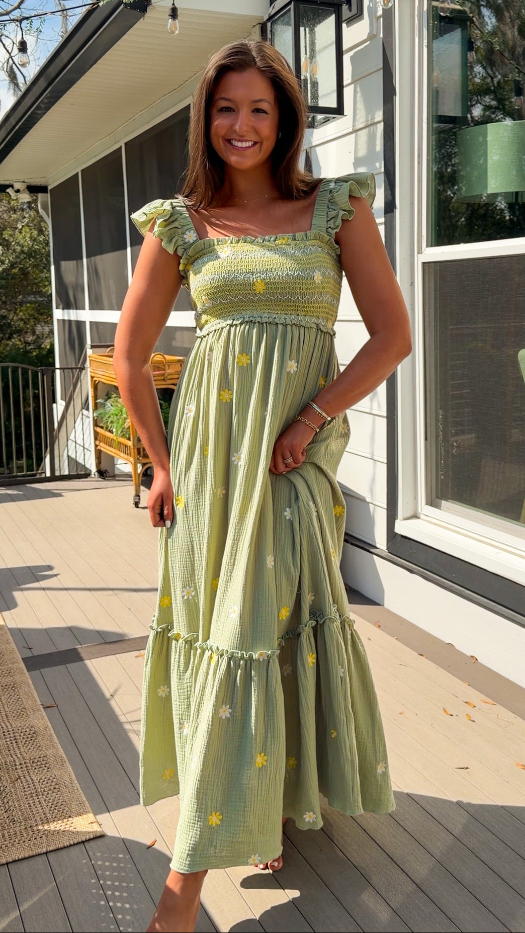 sage green floral embroidered smocked midi dress with ruffle straps and tiered skirt