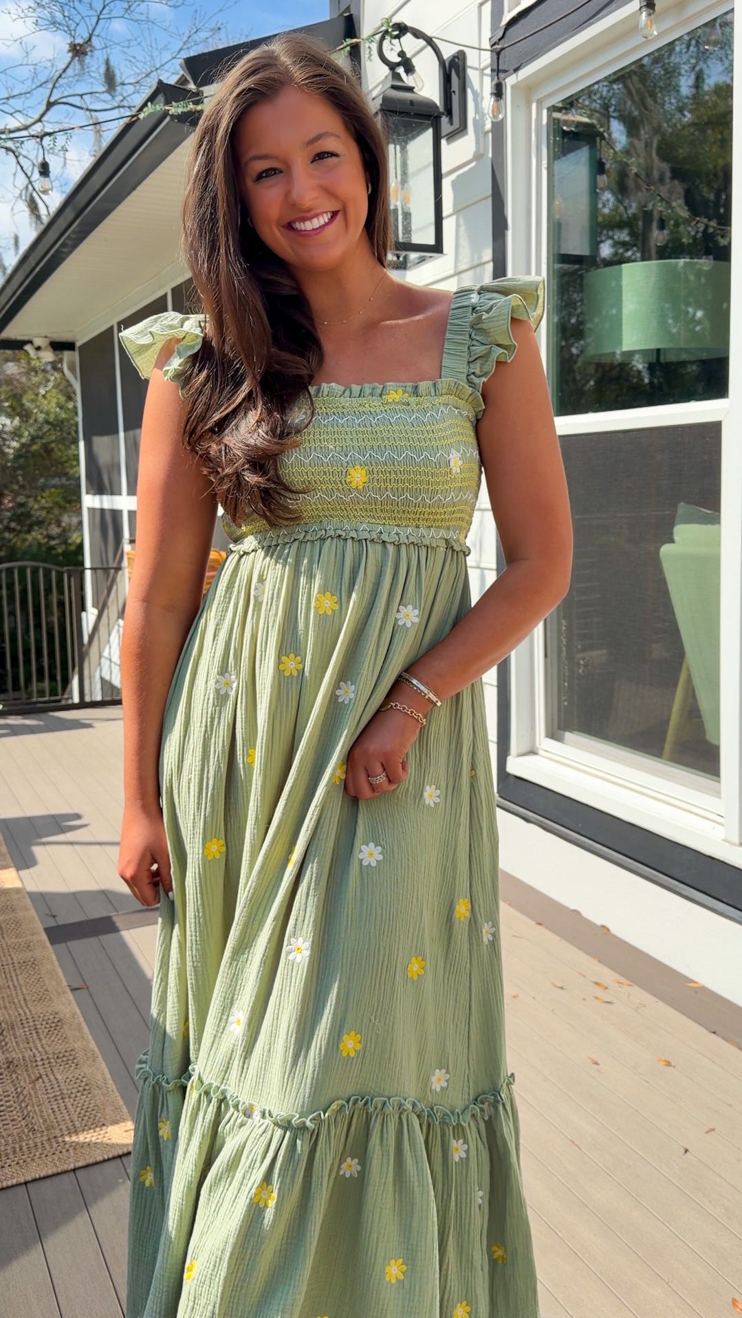 sage green floral embroidered smocked midi dress with ruffle straps and tiered skirt